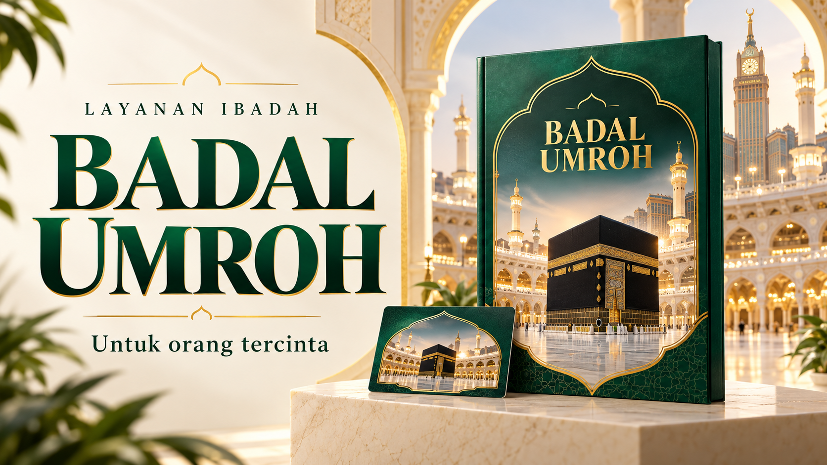 Mockup layanan Badal Umroh dengan ilustrasi Ka'bah, bernuansa hijau dan emas